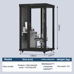Homelements 1 Person 1.3x1.2x2.2m White & Black Glass Model Mobile Soundproof Room Home Live Broadcast Room Singing Cabin Recording Studio Indoor Telephone Booth Piano Sleeping Soundproof Silent Cabin