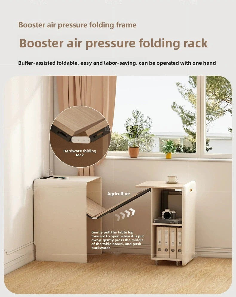 Cream wind pull foldable solid wood desk bookcase integrated bedroom bedside invisible retractable computer desk locker
