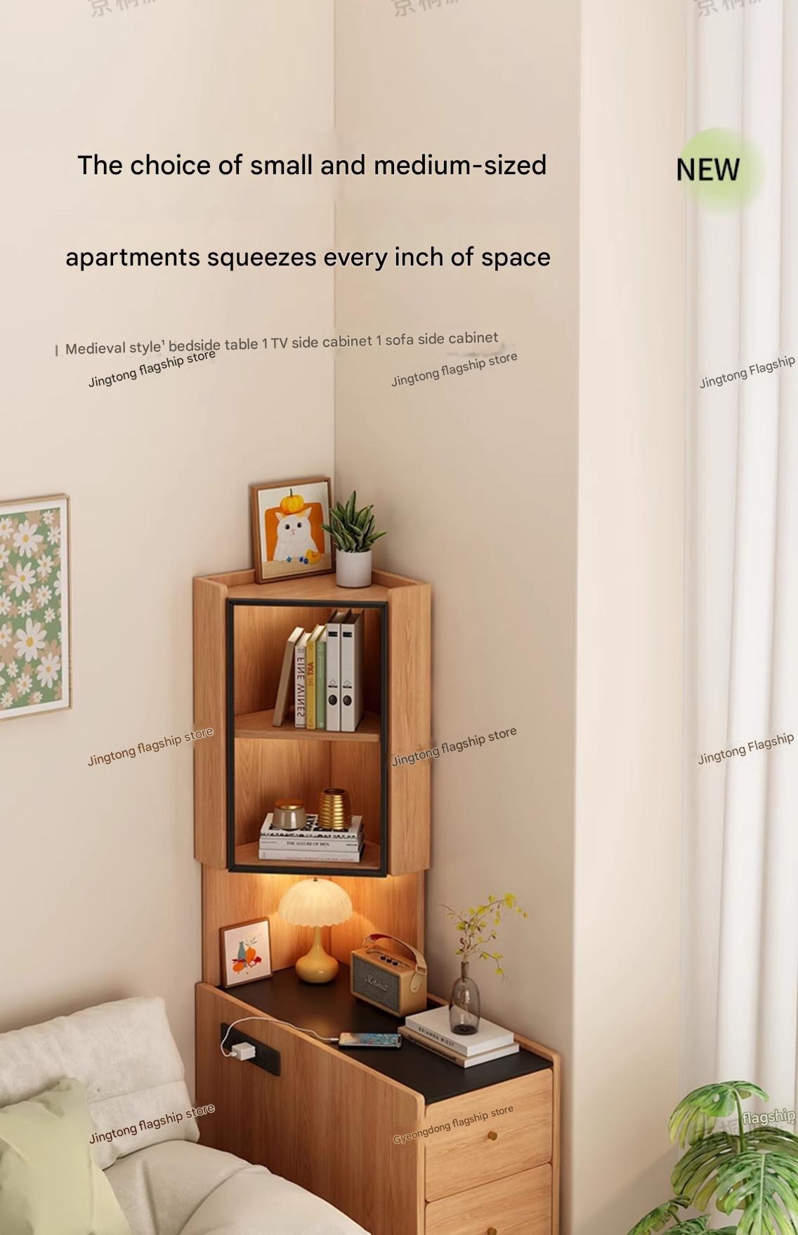 All solid wood corner rack, bedroom bedside 90-degree triangular cabinet, living room corner sofa side corner locker