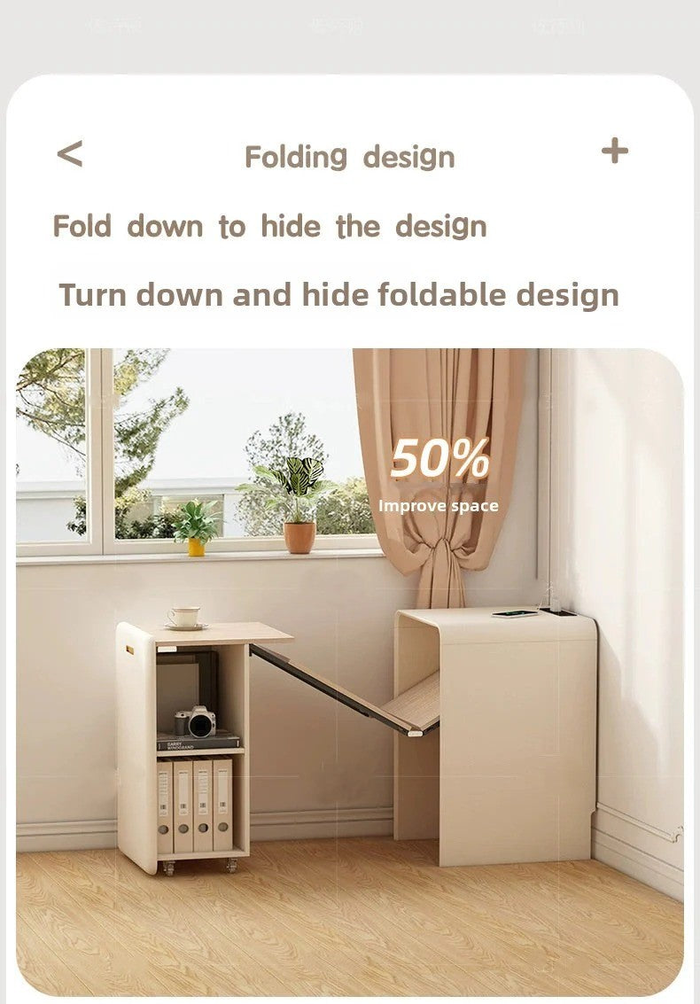 Cream wind pull foldable solid wood desk bookcase integrated bedroom bedside invisible retractable computer desk locker